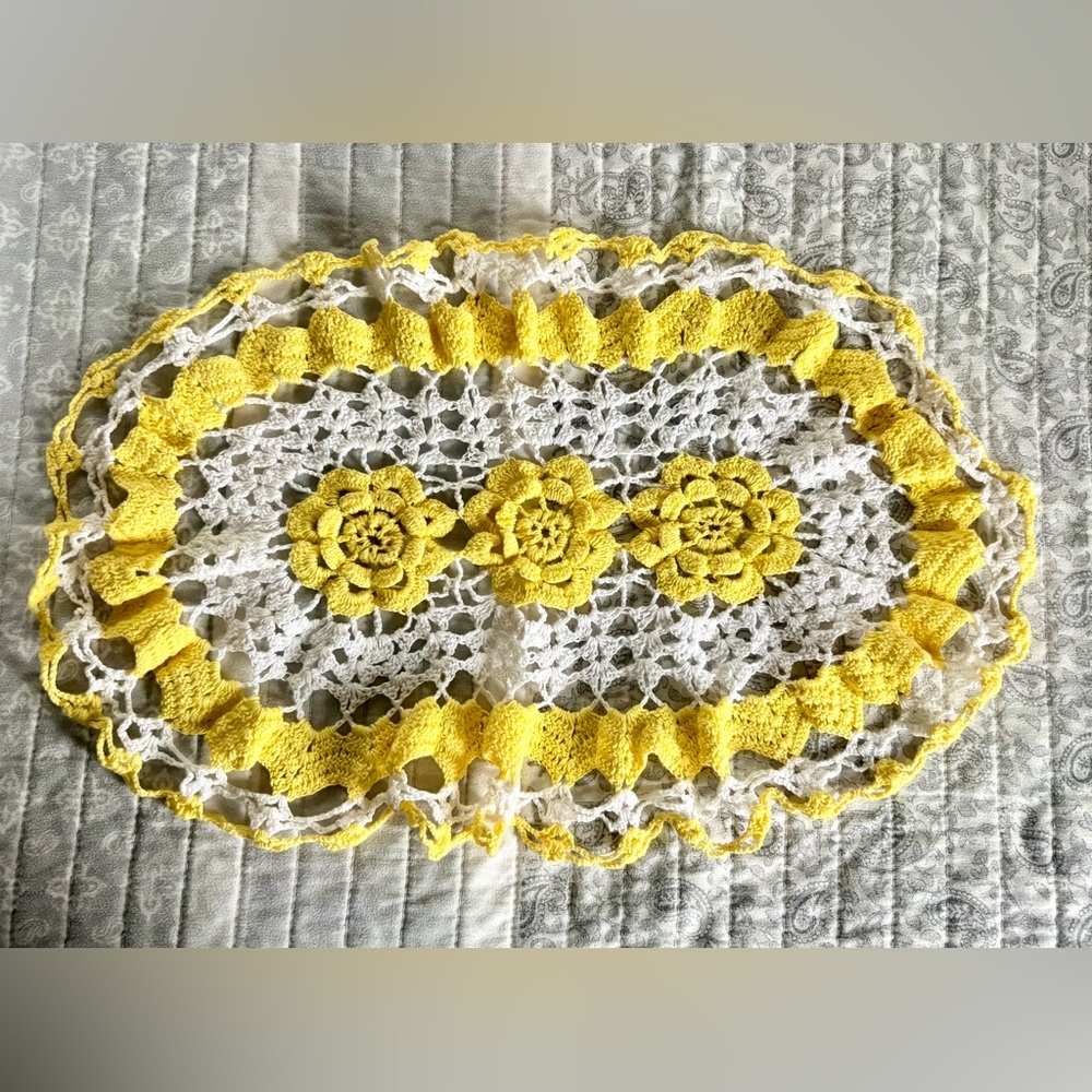 Vintage Large handmade bright yellow and white Floral crocheted lace doily